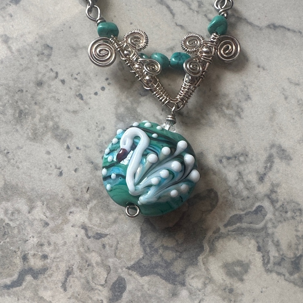 Artisan Silver and Green Swan Necklace Statment Jewerly.